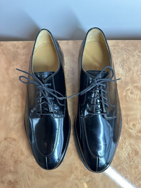 NEW Cole Haan Black Patent Leather Derby Dress Shoes Apron Toe Lace Up 10.5 EE